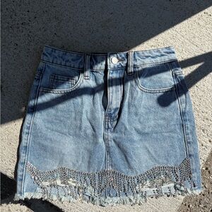 Denim Mini Skirt with Rhinestone Fringe
